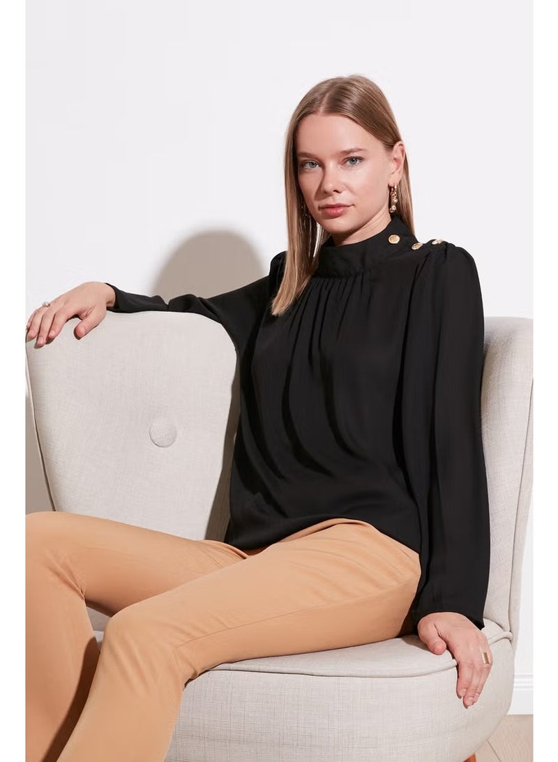 Lela Shoulder Buttoned Regular Fit High Collar Blouse Women's Blouse 611BZ0235 - Image 1